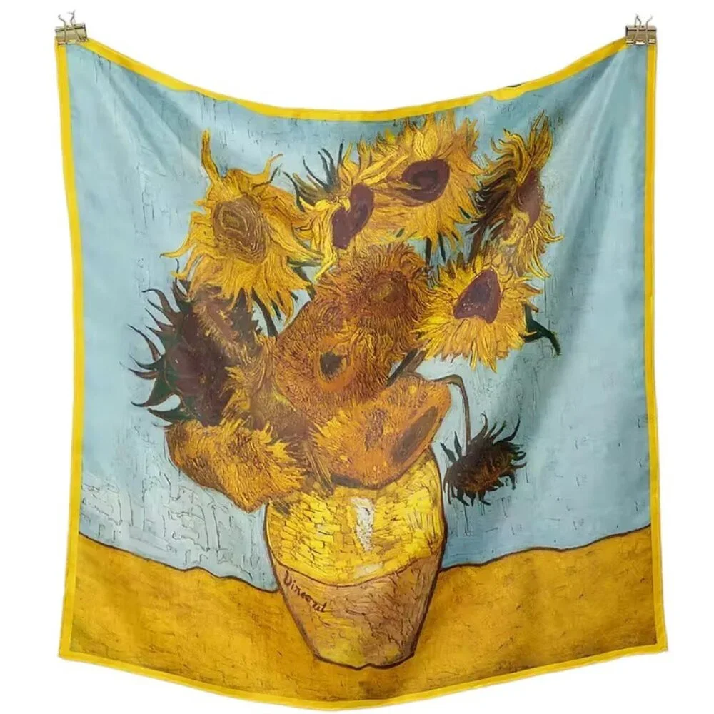 Van Gogh Sunflowers Scarf Square Post Impressionist Art Print Yellow Blue New
